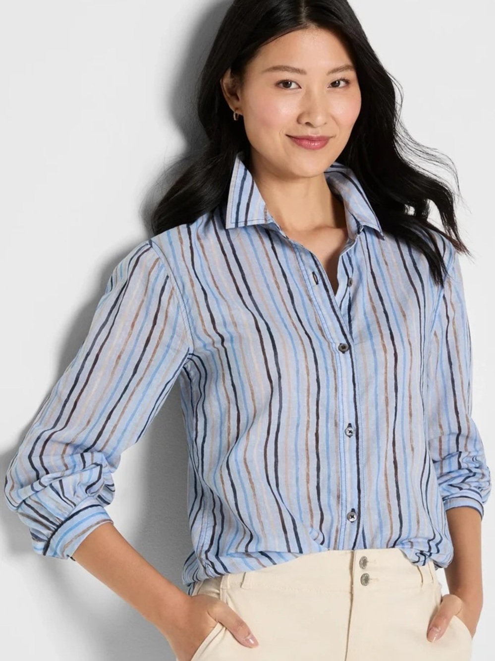 NIC+ZOE Drifty Painted Striped 100% Cotton Button Down Shirt Blouse Size M